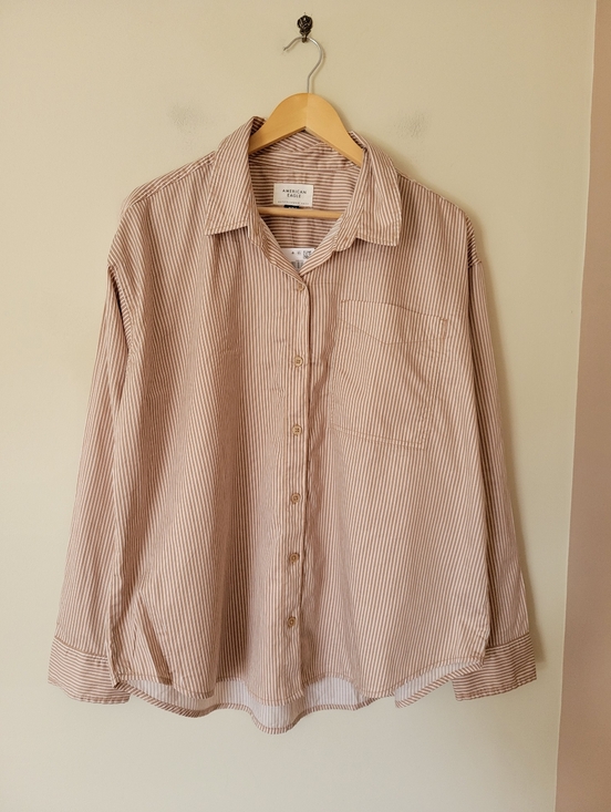 NWT American Eagle Perfect Button-Up Shirt Women's Oversized Tan Stripe Medium - Picture 3 of 10